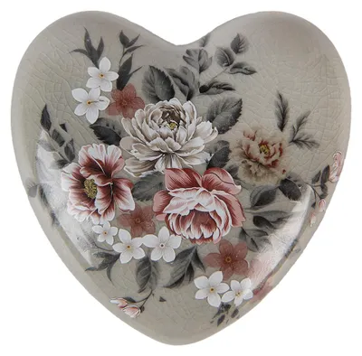 Produktbild von Clayre & Eef Dekorationsfigur Herz 11x11x4 cm Grau Keramik Blumen
