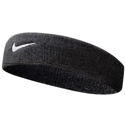 A black Nike headband with a white Nike swoosh logo.