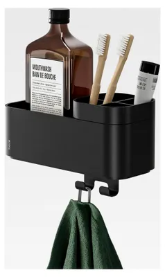 Produktbild von Badezimmerablage mit integriertem Zahnbürstenhalter und Haken, Badregal für Dusche und Waschtisch zur Aufbewahrung von Badutensilien, Farbe: Schwarz