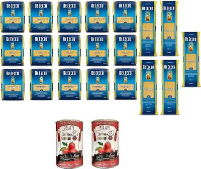 Produktbild von TESTPAKET De Cecco italienisch Pasta ( 20 x 500g ) 4 Arten von Nudeln Penne Rigate - Fusilli - Spaghetti - Rigatoni + Italian Gourmet 100% italienische geschälte Tomaten dosen 2x 400g