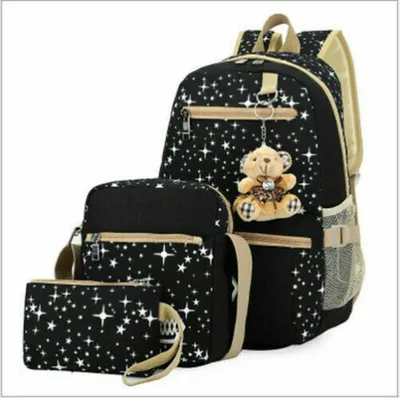 Produktbild von 3er Set Kinder Mädchen Schulrucksack Schulranzen Schultasche Schule Rucksack Schwarz