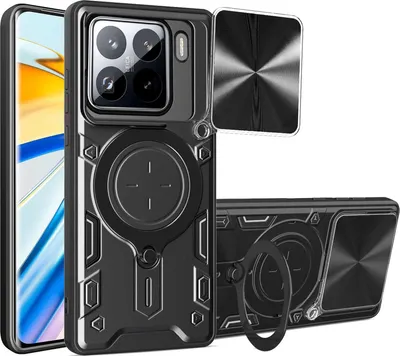 Image de Étui hybride TPU/PC à anneau magnétique pour Xiaomi 15, avec texture CD et caméra coulissante, noir