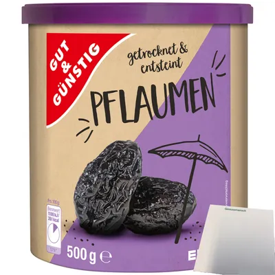 Produktbild von Gut & Günstig Trockenpflaumen entsteint und essfertig (500g Dose) + usy Block