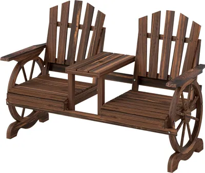 Produktbild von 2-Sitzer Gartenbank Holz, wetterfest Sitzbank, Gartenmöbel mit Schirmloch, Beine im Wagenradform, Tisch Parkbank 120kg belastbar, Balkonbank, Holzbank für Balkon Garten 154x65x102 cm Verkohlt |