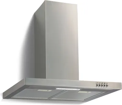 A stainless steel range hood mounted against a white wall.