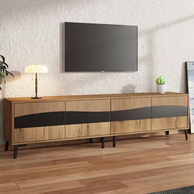 Productafbeelding van TV-kast 180x40x50, houtkleur + zwart, 4 kastjes, 8 steunpoten, 30 kg