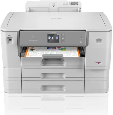 A white Brother printer with paper in the output tray, shown from the front.