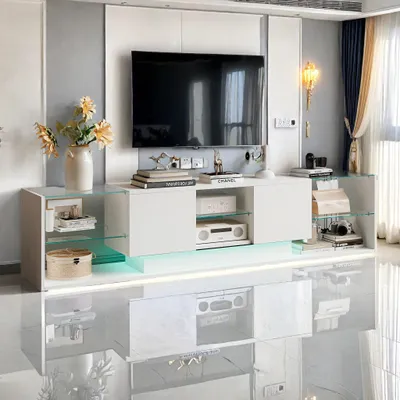Obrázek produktu pro ProximaX TV Lowboard 200 cm s RGB LED, bezúchytkový design, bílý televizní stolek se skleněnými policemi, moderní TV skříňka do obývacího pokoje