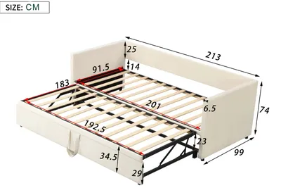 Image de Canapé-lit convertible avec matelas intégré, dimensions 90–180 × 200 cm, revêtement en velours, sommier à lattes, espace de rangement, dossier, couleur beige