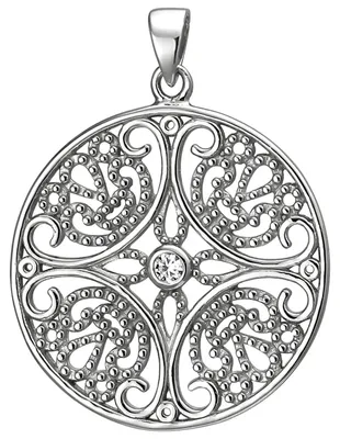 Produktbild von Anhänger aus 925 Silber mit 4 weißen Zirkonia Halsschmuck rund mit Ornament