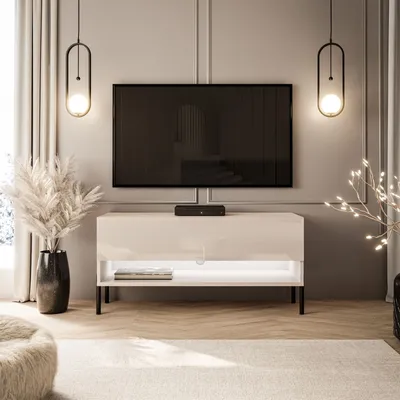 Produktbild von RTV Schrank CALANTE 90 cm auf Beinen mit LED-Beleuchtung Kaschmir / Kaschmir Hochglanz gerade schwarze Beine