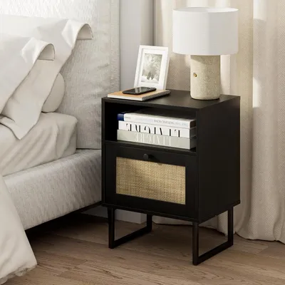 Immagine prodotto di Tavolino da notte in rattan - Tavolino bohémien - Contenitore per la camera da letto - Con cassetto e ripiano aperto - 40 x 30 x 56 cm