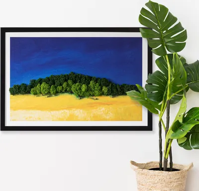 Produktbild von Moosbild mit Konserviertem Moos 3D Wandbild - 60x40 cm - Schwarzer MDF-Rahmen - Blaue und gelbe Cayuse