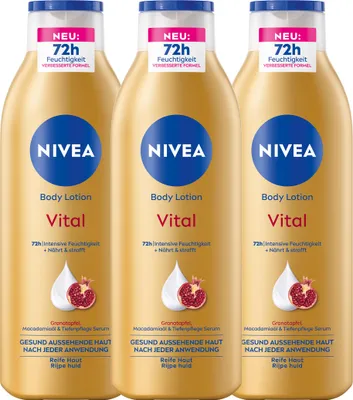 Produktbild von NIVEA Vital Body Lotion 3 x 250ml Granatapfel, Macadamiaöl & Tiefenpflege Serum