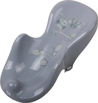 A gray baby bath seat with owl and flower decorations.