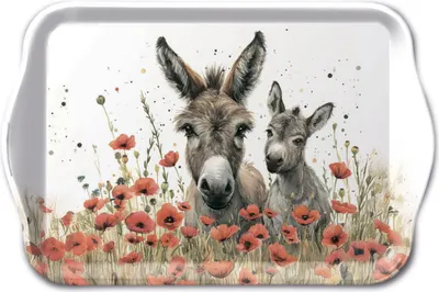 Produktbild von Tablett Melamin 21x13cm mit Eseln und Mohnblumen Motiv Weiß Grau Braun