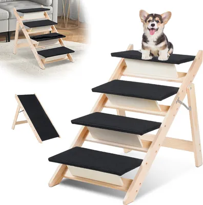 Produktbild von Clanmacy 2 in 1 Hundetreppe 4-Stufen Hunderampe Haustiertreppe Kiefernholz Rutschfest Tiertreppe Einstiegshilfe Klappbar
