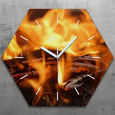 Produktbild von Uhr hexagonal 40 cm Glas Geräuschlos weiße Zeiger - Grill Feuer Glut