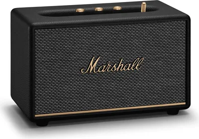 A black Marshall Acton III Bluetooth speaker is shown from a front-facing, slightly angled perspective against a white background.