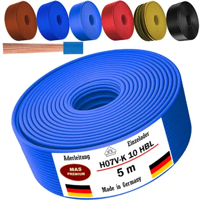 Immagine prodotto di Cavo di alimentazione flessibile, sezione 1x10 mm², tipo H07 V-K, colore azzurro chiaro, per installazioni fisse. Lunghezza: 5 metri