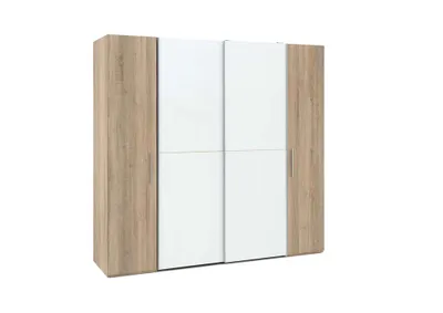 Produktbild von Schwebetürenschrank RELIEF Kleiderschrank Schrank Drehtürenschrank 205 x 195 cm Eiche Sonoma mit Absetzung weiß