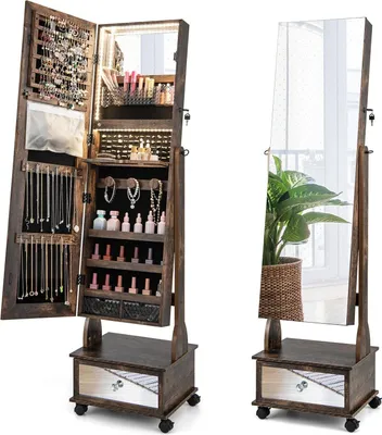Produktbild von COSTWAY Skříňka na šperky se 3 zrcadly, nastavitelné zrcadlo na šperky se zásuvkou, kolečky a osvětlením, uzamykatelná 42x35x159cm (Rustic Brown)