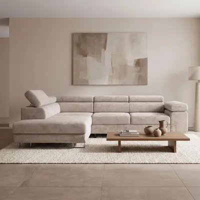Produktbild von EZIMPAZ Ecksofa MONTANA Cord L-Form mit Schlaffunktion, Bettkasten und verstellbaren Kopfstützen, Cremig, Links