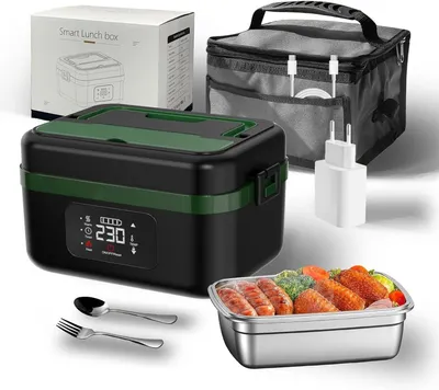 Produktbild von Elektrische Lunchbox mit Akku, 60W Thermo Lunchbox, 1L Edelstahl Lunch Box Tragbarer Essenswärmer mit 16,000mAh Batterie, Timer, USB Aufladbar, Grün