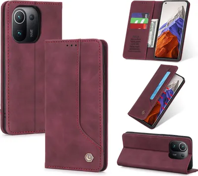 Produktbild von Xiaomi Mi 11 Hülle, LaimTop Retro Kunstledertasche Schutzhülle mit Kartenfach Standfunktion für Xiaomi Mi 11 Rot