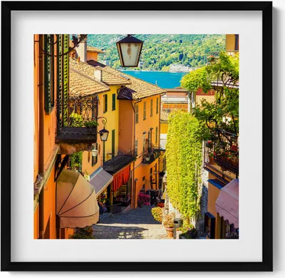 Produktbild von Italienische Stadt, malerische Straße– Wandbild mit Rahmen – Gerahmtes Bild  – Wanddekoration – 50x50 cm –  Schwarz Rahmen
