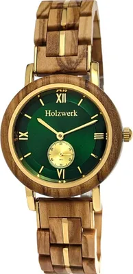 Produktbild von Holzwerk BUCHLOE kleine Damen Holz Uhr in Ahorn beige, gold & grün