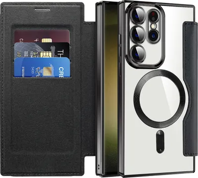 Produktbild von Klapphülle für Samsung Galaxy S23 Ultra Kompatibel mit Magsafe, Klar Überzug Kartenhalter Ledertasche mit Kameraschutz Schwarz