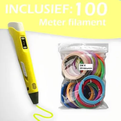 Produktbild von 3D-Stift – Komplettes Starter-Set – Zeichenstift mit Temperaturregelung – 3D-Stift-Starter-Kit mit 23-Farben-Minen / Filament XXL-Set 100 m – Gelb