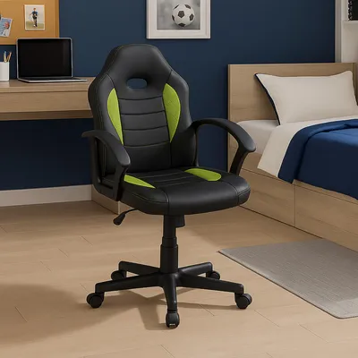 A gaming chair is placed in a bedroom next to a desk and a bed.