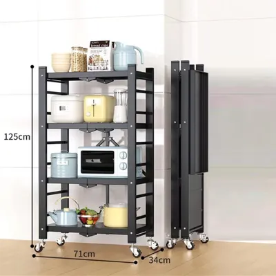 A black four-tier kitchen cart with various kitchen appliances and containers on its shelves, shown in a room with a tiled wall.