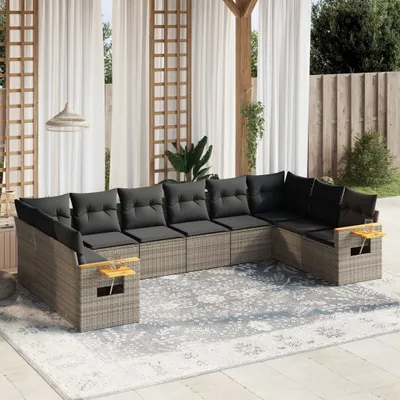 Produktbild von Design 10-tlg. Garten-Sofagarnitur mit Kissen Grau Poly Rattan, Gartenmöbel-Sets 2024 Neu