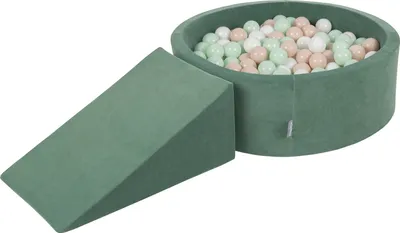 Produktbild von KiddyMoon spielplatz velvet aus schaumstoff mit samt rund bällebad bällebad (200 bälle) + zwickel ballgruben für babys spielbad hindernisläufen, hergestellt in der eu, waldgrün: pastellbeige/weiß/minz