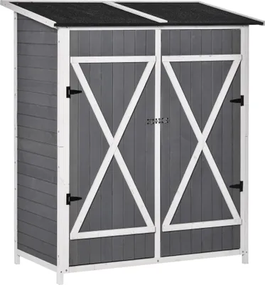 Produktbild von Outsunny Gartenschrank Geräteschuppen mit 2 Tür Asphaltdach Tannenholz Grau+Weiß