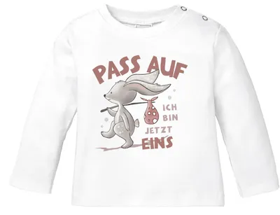Produktbild von Baby Langarm-Shirt mit Spruch zum Geburtstag Ich bin jetzt Eins | Zwei | Drei Hase Tiere Baumwolle Junge/Mädchen MoonWorks® 1 Jahr weiß 68/74 (4-9 Monate)