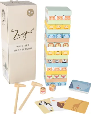 Produktbild von Zayno® Stapelspiel "Wildtier Wackelturm" | Holzblockspiel, Geschicklichkeitsspiel für Kinder und Erwachsene, Familienspass für Feinmotorik