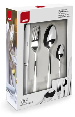 A product box for a 24-piece cutlery set, showing the cutlery inside.