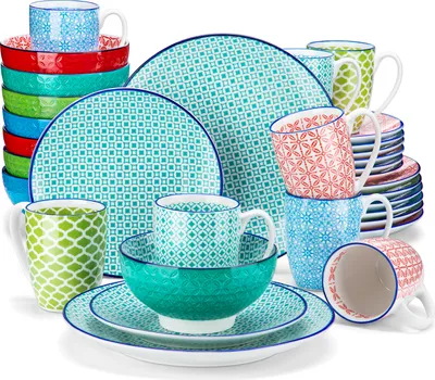 Image de vancasso Macaron Service de table en porcelaine, 32 pièces Set de vaisselle, avec 8 assiettes plates, assiettes à dessert, bols à céréales et tasses à café pour 8 personnes