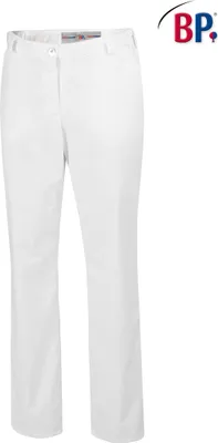 A pair of white women's trousers is shown against a white background.
