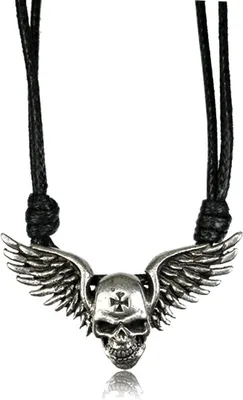 Produktbild von viva-adorno Halskette Messing Anhänger Totenkopf Flügel Kreuz Baumwollband Länge verstellbar HK35