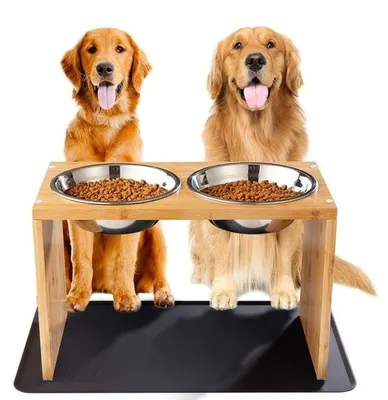 Immagine prodotto di Porta-ciotole di alta qualità per cani – Legno – Ciotole in acciaio inossidabile – Tappetino antiscivolo – Per cani/gatti di grossa taglia – 435 x 23 x 30 cm