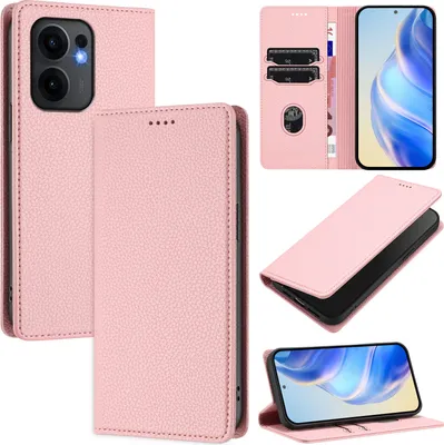 Produktbild von Litchi Leder Handyhülle für Oppo Reno13 F 5G Wallet Kartenfächer Standfunktion Hülle Pink