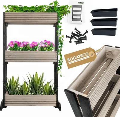 Produktbild von Set mit 3 Blumentöpfen auf einem Ständer | 3er Set Blumentopf Pflanzkübel 64x20cm | Holz Blumenkübel für Tomaten und Blumen, Pflanzentopf für Garten Balkon | 120cm Hoch GRAY
