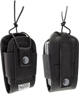 Two black pager pouches shown from different angles against a white background.