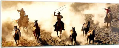 Produktbild von Bilder auf glas - Cowboys Pferde Galopp - 90x30cm - Glasbilder - Wandbilder - Kunstdruck - zum Aufhängen bereit - Wanddekoration aus Glas - Glas Bilder - Wandbild auf Glas - Einteilig - GAB90x30-2693
