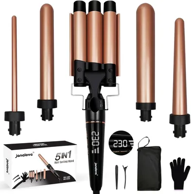 Produktbild von 10-32mm Lockenstab 5 in 1 mit 3 Fässern, Turmalin-Keramik, Einstellbar 80-230°C, Welleneisen für große & kleine Locken, inkl. Handschuh, Clips, Tasche